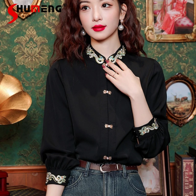 New Chinese Style Improved With Horse-Face Skirt Top Women's Spring Clothing 2024 New Embroidery Beautiful Chiffon Shirt Camisas