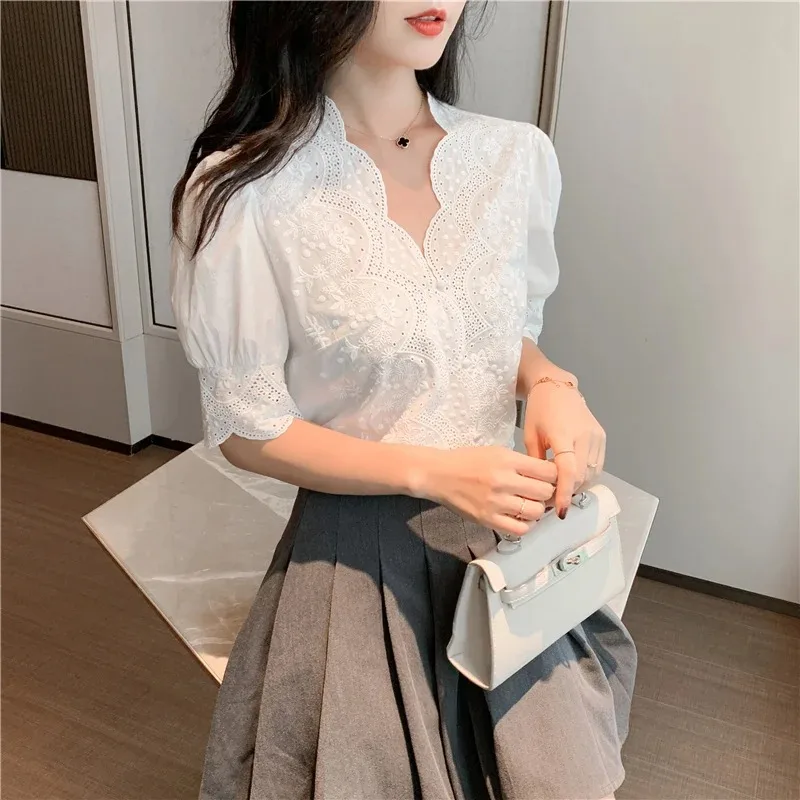 Summer Tops Loose Cotton White Blouse Women Short Sleeve Embroidery Hollow Out Lace Women\'s Shirt V-Neck Casual Solid Tops 13102