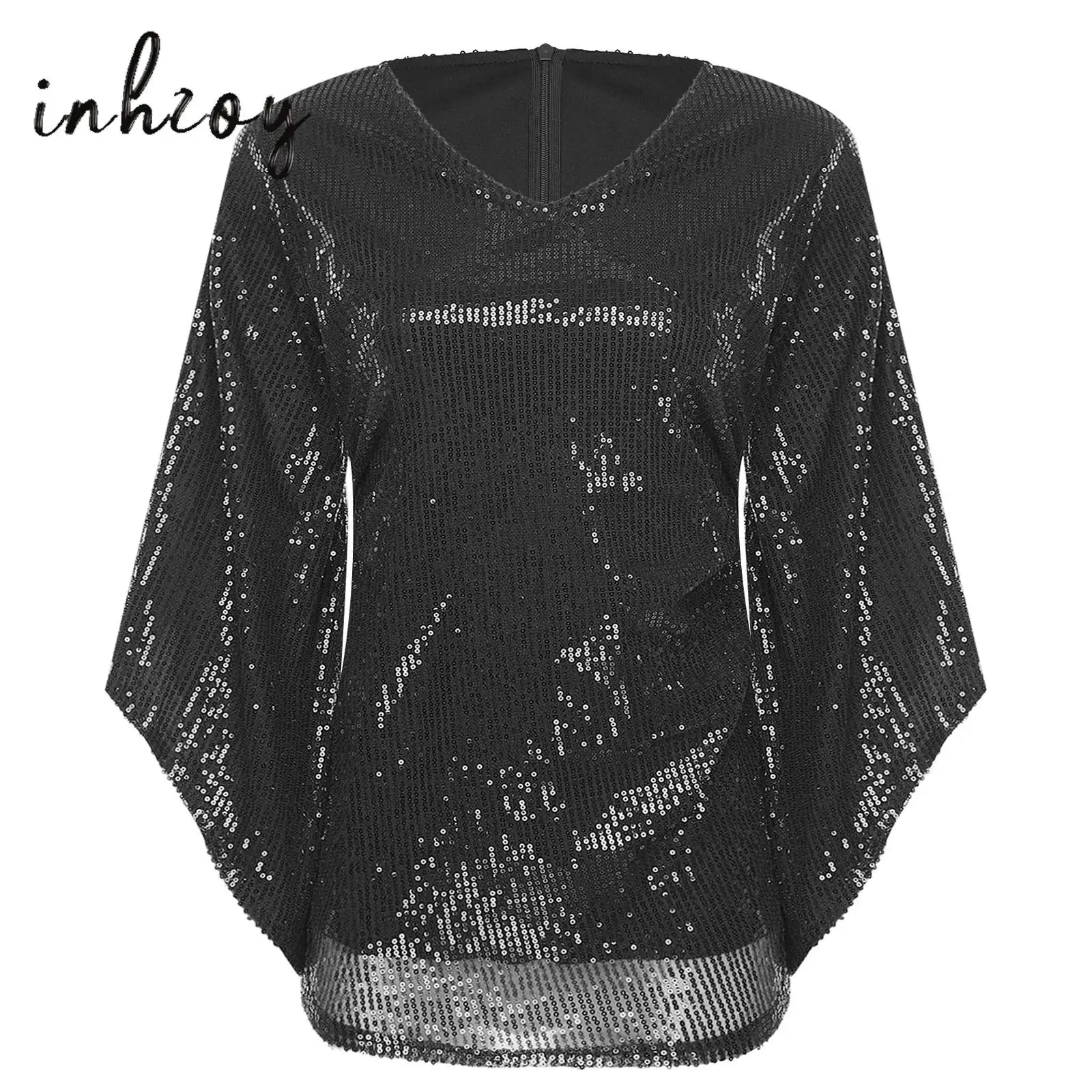 

Womens Glittery Sequin Blouse V Neck Irregular 3/4 Flared Sleeves Fully Lined Pullover Shirt Tops for Cocktails Club Evenings