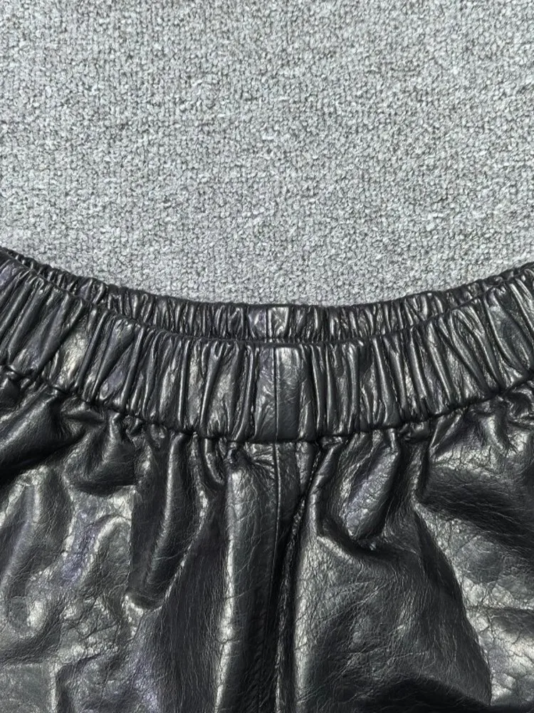 가을 신상 여성 소가죽 정품 가죽 반바지 슬림핏 밴딩 허리 와이드 레그 플레어 부츠컷 캐주얼 스트릿웨어 반바지