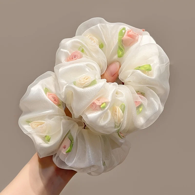 

White Purple Blue Pink Tulle Flower Scrunchies All Season Daily Elegant Hair Ties Sweet Girls Ponytail Hair Accessories