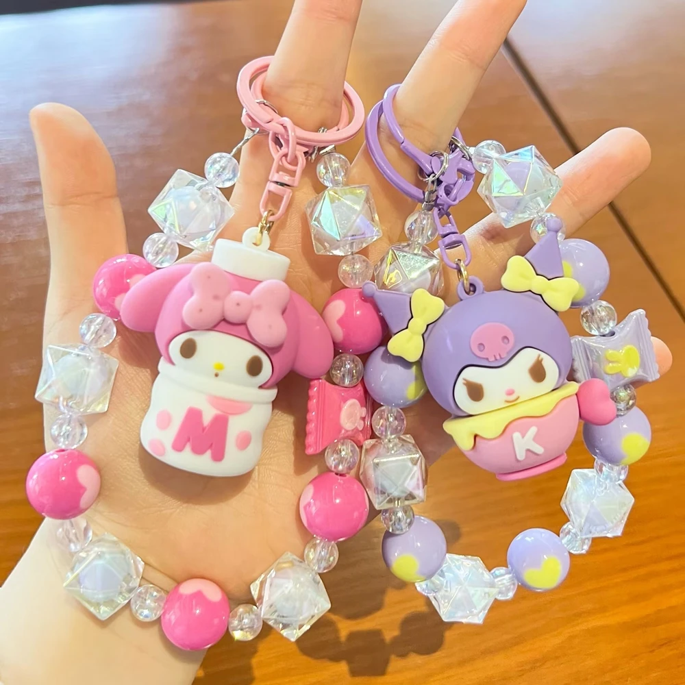 Sanrio Anime Figure Keychain Hello Kitty Melody Kuromi Cinnamoroll Candy Bead Mobile Phone Chain Doll Pendant Couple Car Gift