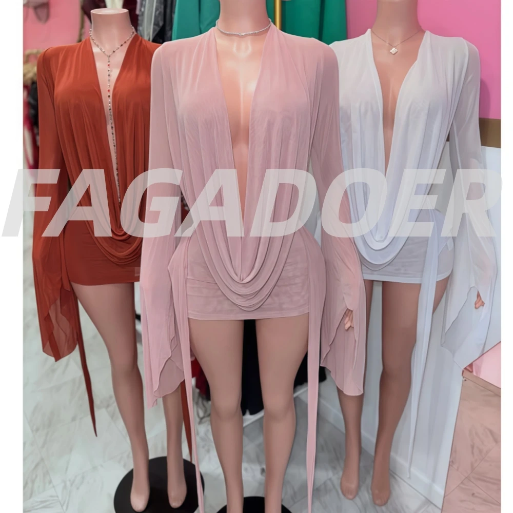 FAGADOER Sexy Mesh See Through Mini Bodycon Dress Women Long Sleeves Deep V-neck Irregular Dresses Female Streetwear Vestidos