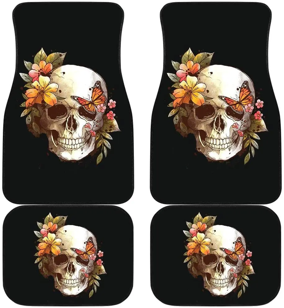 

CHICKYSHIRT Roses Skull Butterflies Flora Car Liner, Customized Car Floor Mat, Universal Fit Auto Floor Mat Set of 4, Fit Most V