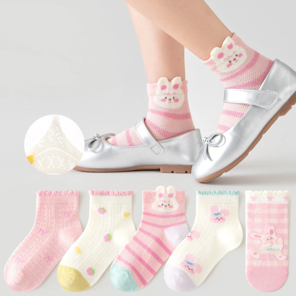 5 Pairs Chilren'S Socks Cartoon Bunny Girls Socks Breathable Mesh Kids Socks School Socks For Children