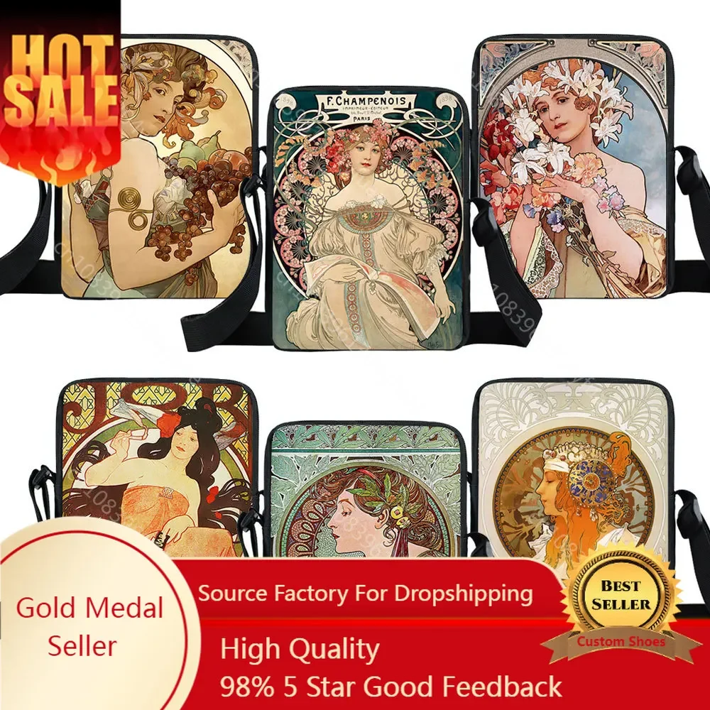 Olieverfschilderij Door Alphonse Mucha Print Crossbody Tas Vrouwen Handtas Messenger Bags Telefoon Id Card Sleutel Schoudertas Houder Boekentassen