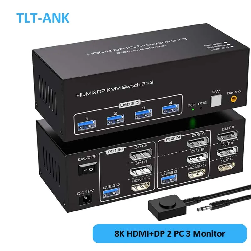 KVM Switch Triple Monitors 2 Port DisplayPort and HDMI 4K120HZ 8K60HZ KVM Switcher for 2 Computer 3 Monitor with 4 Ports USB 3.0