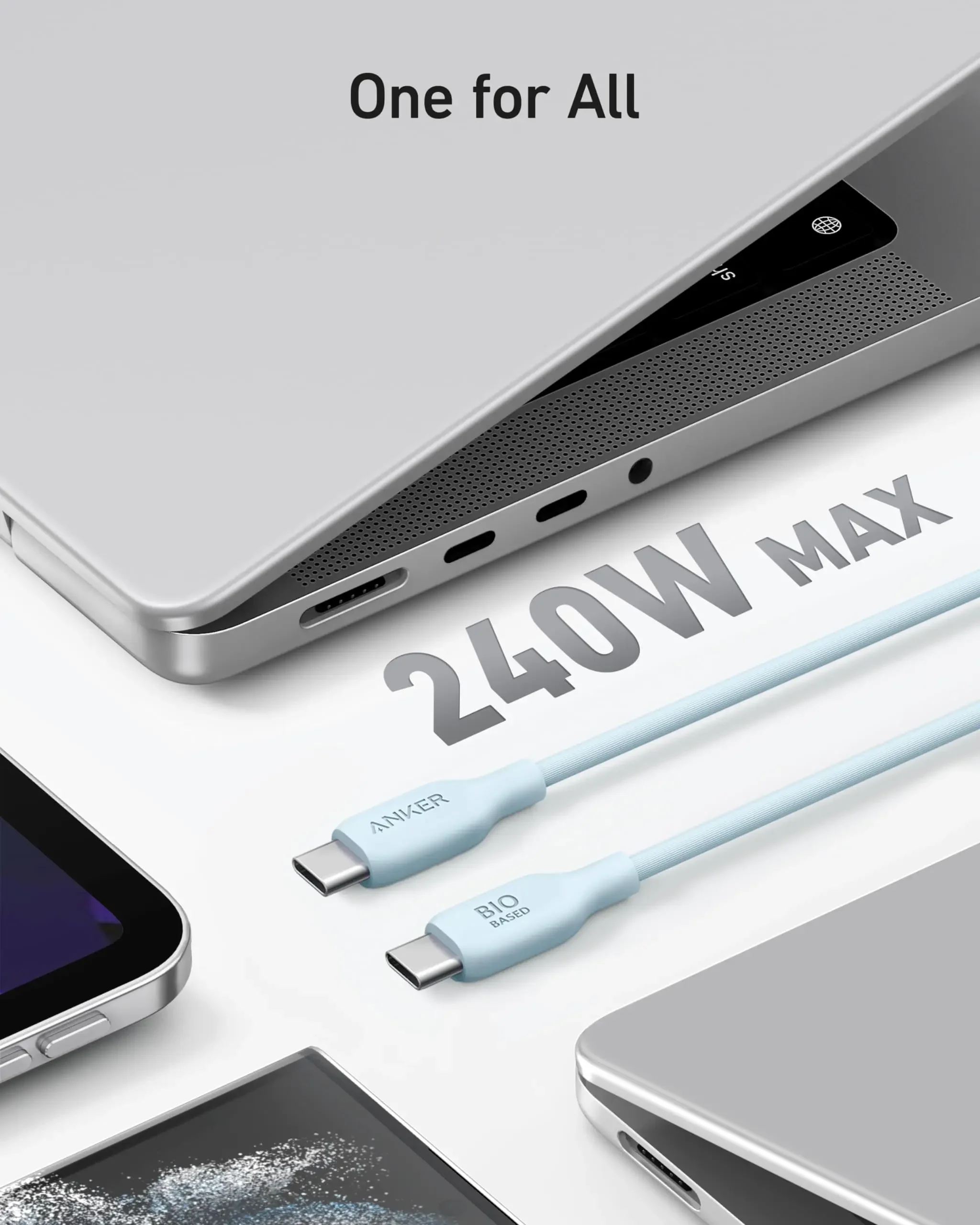 كابل Anker 543 USB C إلى C (240 وات 6 قدم)، كابل شحن لهاتف iPhone 15/15Pro، MacBook Pro 2020، iPad Air 4، Samsung Galaxy S23+/S22