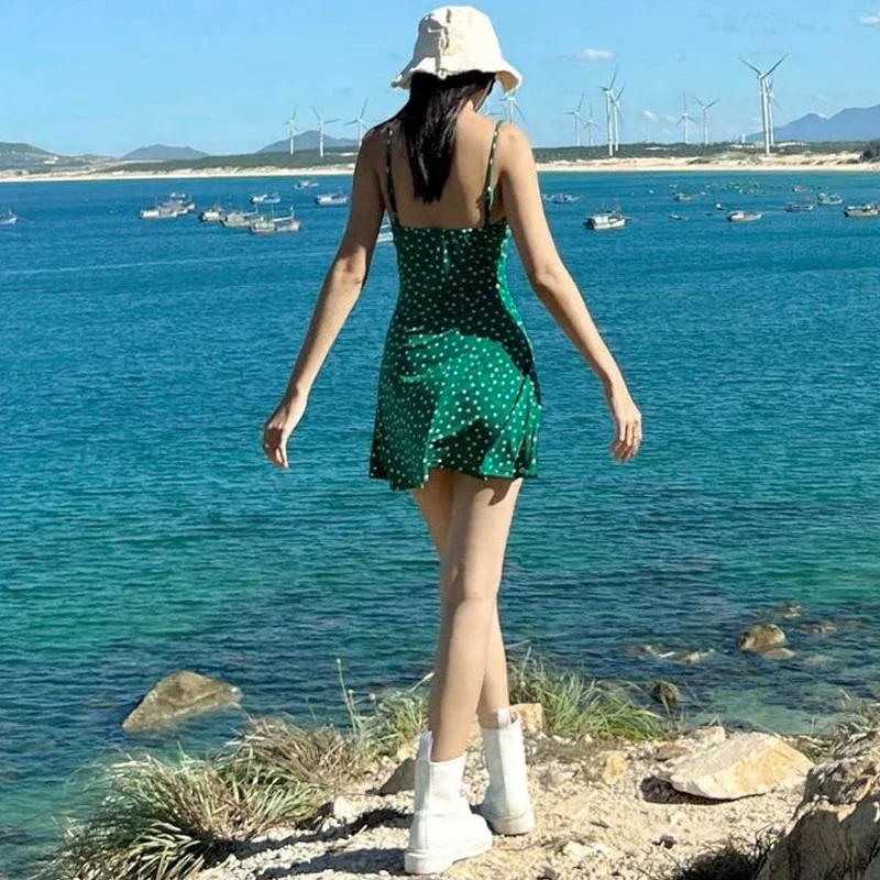 2025 sommer Spot Print Slips Backless Sexy Elegante Bodycon Mini Prom Kleid Frauen Casual Kleidung Y2K Strand Festival