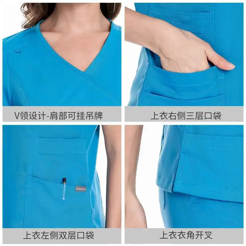 Sommer dünner chirurgischer Arzt Isolation Schönheitssalon Handwaschkleid mit V-Ausschnitt, Krankenschwesteruniform mit mehreren Taschen