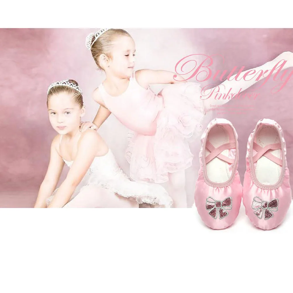 1 Pair Satin Ballet Flats Embroidery Non-Slip Split Sole Kids Dance Shoes For Yoga Jazz Gymnastics Size 28 Pink
