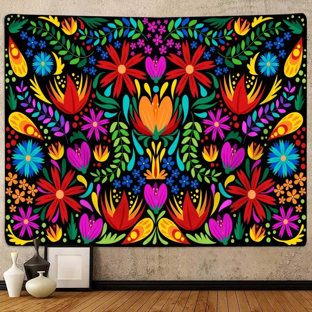 Mexican Tapestry Ethnic Birds Colorful Flowers Tapestry Mexican Embroidery Style Art Tapestry for Bedroom Living Room Dorm Decor