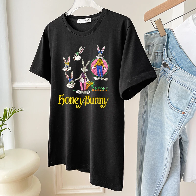 2025, Sommer, neu, weiß, komplett aus Baumwolle, altersreduzierend, Cartoon-Druck, fauler Stil, lockeres Kurzarm-T-Shirt für Damen, Tops A313