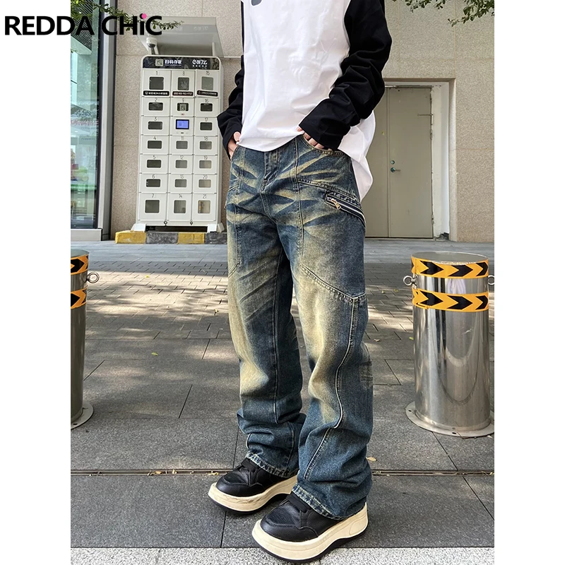 

REDDACHiC Boyfriend Whiskers Baggy Jeans Women Patchwork Vintage Blue Wash Casual Wide Leg Pants Grunge Y2k Hip Hop Trousers