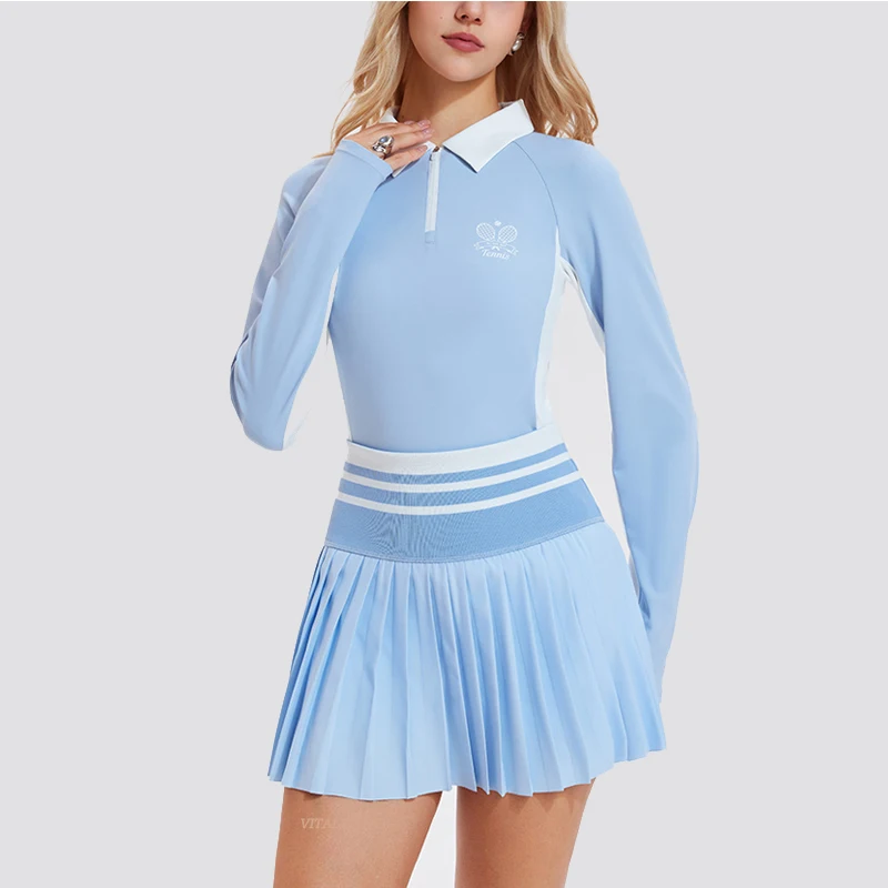VITALINOVO Damen 2-teiliges Tenniskleid, hoch taillierter Faltenrock, Skorts, Reißverschluss, Farbblock, Golf-Poloshirts, Pickleball Athletic – Detail 2