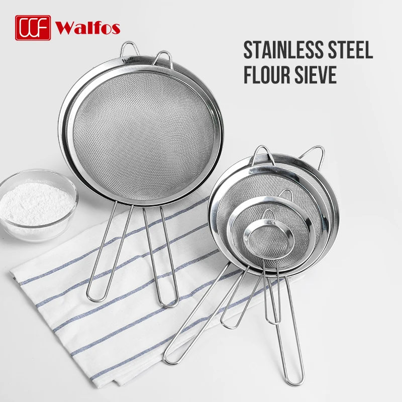 WALFOS Stainless Steel Wire Fine Mesh Oil Strainer Flour Colander Sieve Sifter Pastry Baking Tools Kitchen Handle Accessories