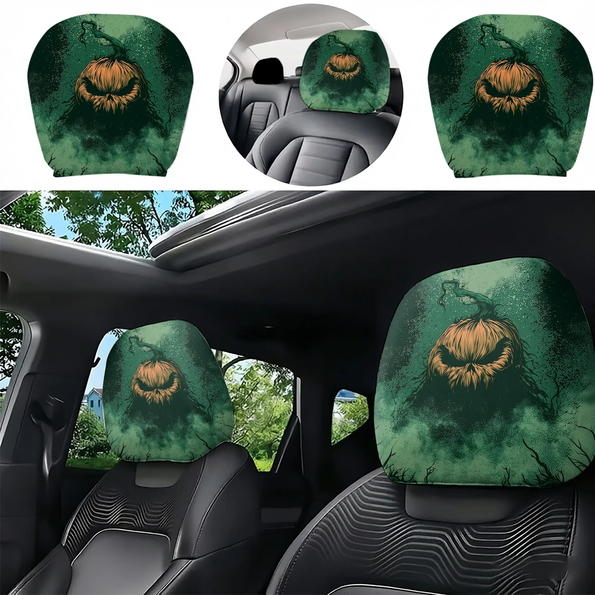 2pcs horror pumpkin-patterned car headrest covers to add a touch of eerie atmosphere to your car interior. Filling not included.