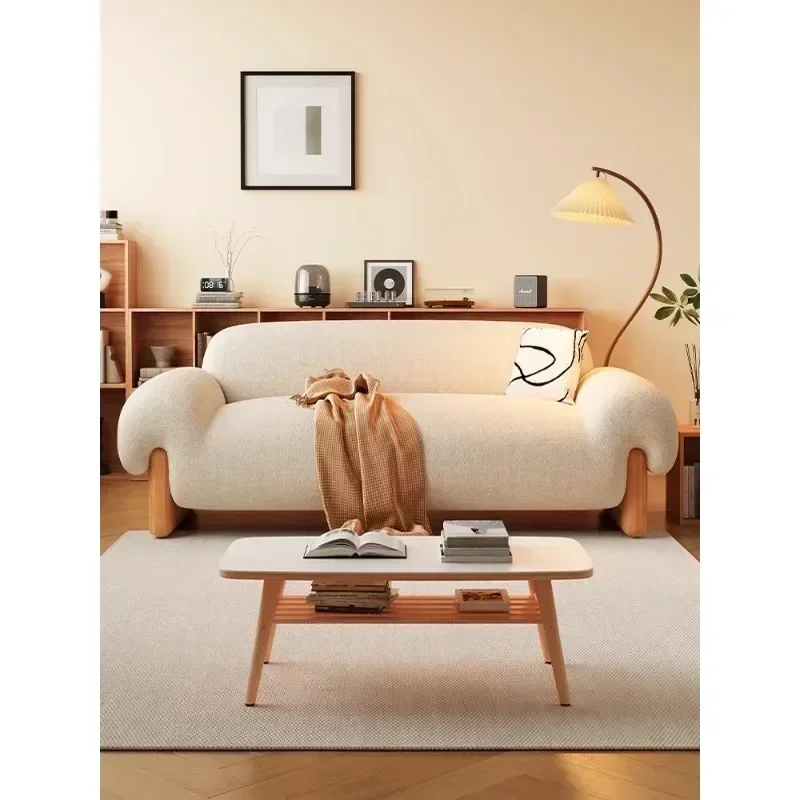 Hot SalesJapanese Cherry Wood Sofa Living Room Simple Modern Fabric Straight Row Small Apartment Lamb Flannel Cream Log Wind