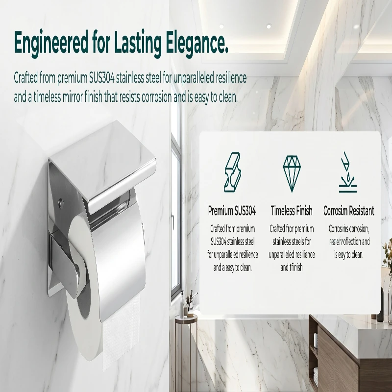 

Bright polished thickened 304 stainless steel bathroom tissue holder, with mobile phone rack, wall-mounted carton roll holder