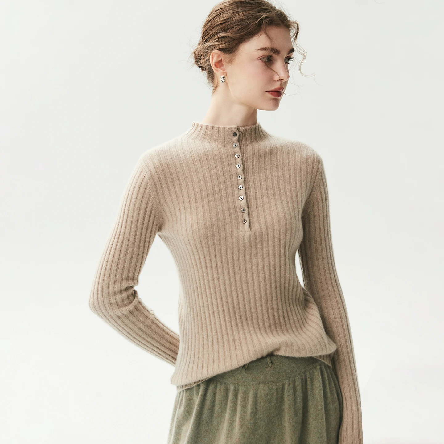 Autumn Winter Sweater Womens Basic Pullover 100% Cashmere Sweater Mock Neck Slim Pullover Knit Pit Strip Half Buckle Inside Join