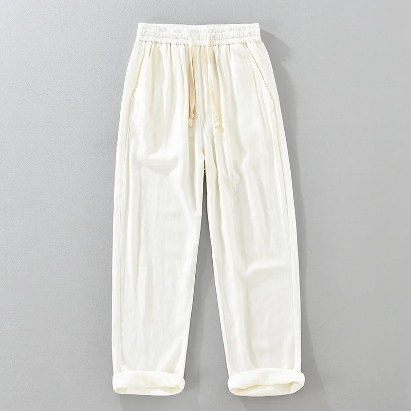 

Мужские повседневные брюки из прохладного льняного шелка, эластичные, свободные, прямые, из хлопка и льна, с эластичным поясом, лето 2026