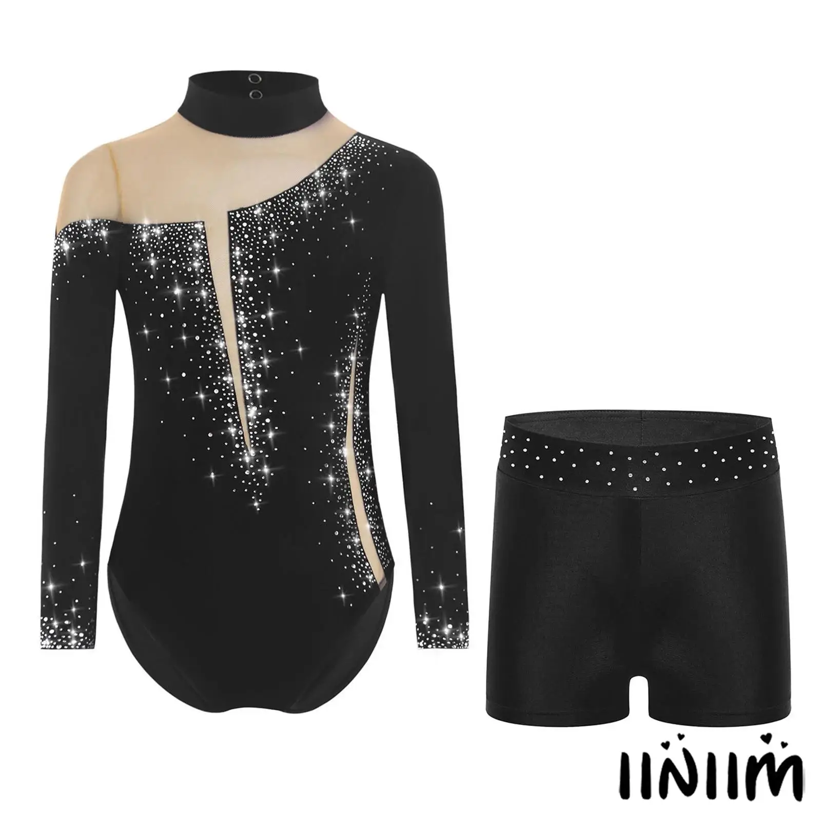 

3Pcs Kids Girls Figure Skating Dance Outfit Sparkly Rhinestones Long Sleeve Sheer Mesh Gymnastics Dance Leotard+Vest+Shorts