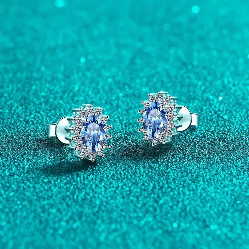 Platinum Pt950 White Gold 18K Stud Earrings for Women Valentine's Day 0.5ct of Sapphire Blue Moissanite Diamond Fine Jewelry