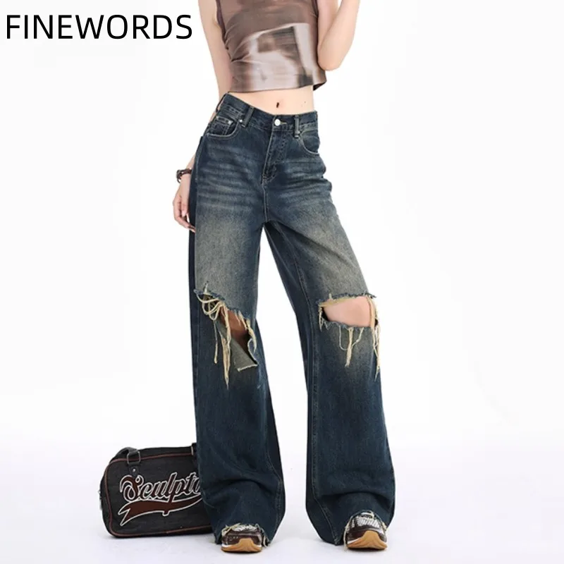 FINEWORDS High Waist Ripped Big Hole Vintage Jeans Women Korean Casual Streetwear Baggy Jeans Loose Washed Wide Leg Denim Pants