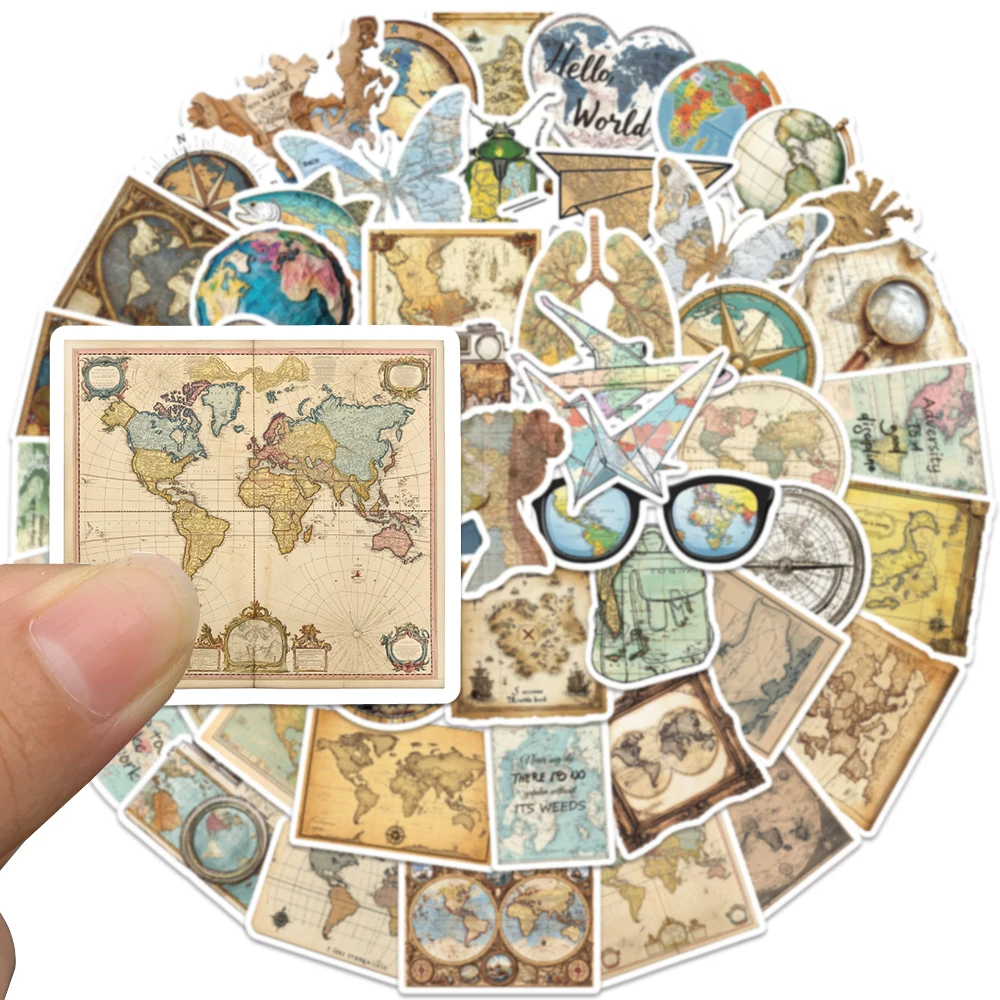 50 pezzi adesivi mappe estetiche retrò graffiti impermeabili per bagagli chitarra telefono laptop skateboard bicicletta decalcomanie in vinile