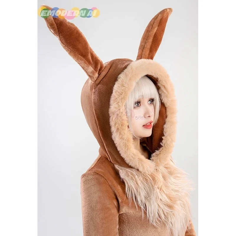 Anime Eevee Cosplay Costume Women Sexy Flannel Hooded Bodysuit Socks Suit Bunny Girl Cute Cartoon Plush Pajamas Jumpsuit Uniform