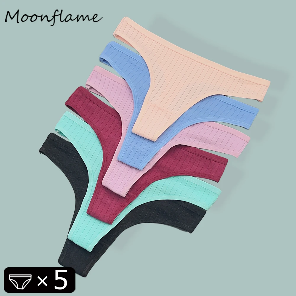 

Moonflame 5 PCS Women Cotton Thongs Panties Female Ribbed Low Rise G-String Ladies Sexy Bikini Solid Color Girl Soft Intimates