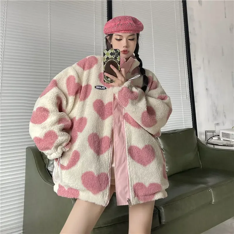 

Autumn Winter New Couple's Stand Collar Cotton Coat Two-Sided Wear Lamb Wool Fleece Jacket Women Nylon Parkas