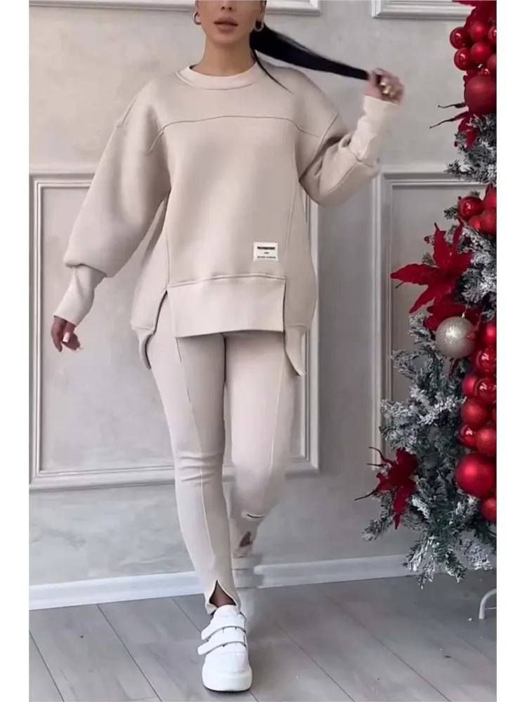 Fashionable O-neck Long-sleeved Sweatshirt Top + Pants 2-piece Set For Women Elegant Autumn Solid Color Irregular Suit Female