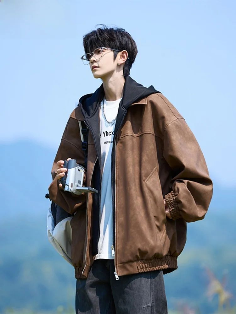 

Wassup Happy American Retro Leather Jaet Men's Spring Autumn Loose Casual Hooded Coat Youth ular Polyester Fiber