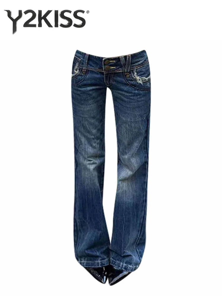 

Женские брюки с низкой посадкой, простые американские ретро Y2k джинсы-клеш, эластичные узкие джинсы в стиле Харадзюку, японские брюки-трубы 2000-х годов