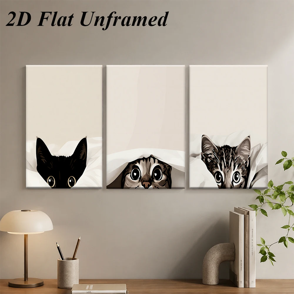 (3PCS Unframe)1 set of cat triptych frameless decorative paintings, living room bedroom cute pet art paintings, simple and moder