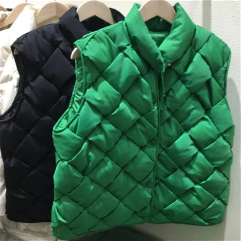 2022 autumn winter men women green black woven vest down jacket fashion casual stand collar coat