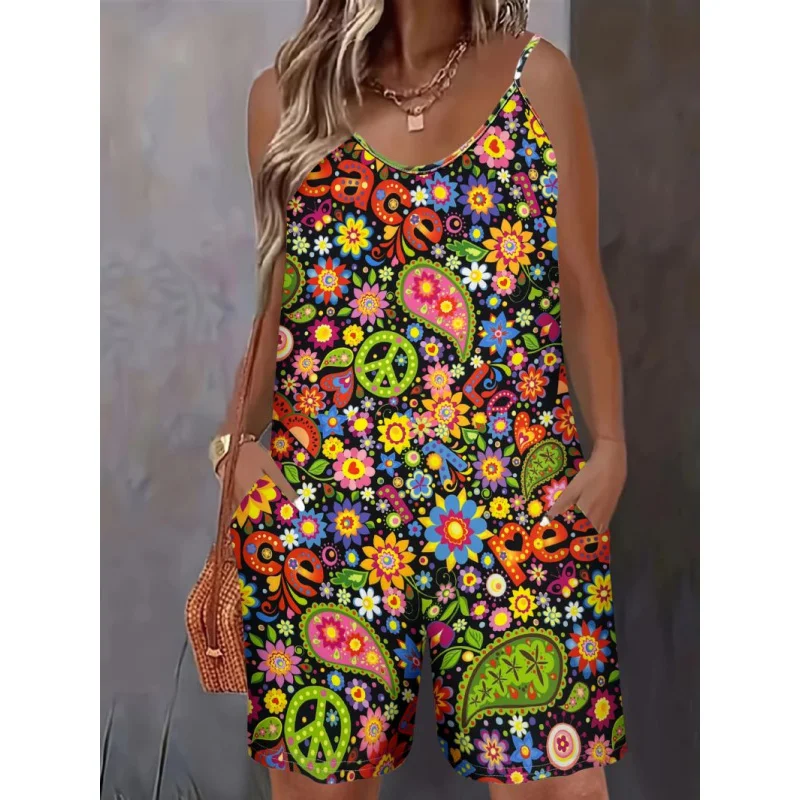 

New European and American Chic Bohemian Printed Plus Size Pocket short Jumpsuit - Flowy Women's Summer Romper