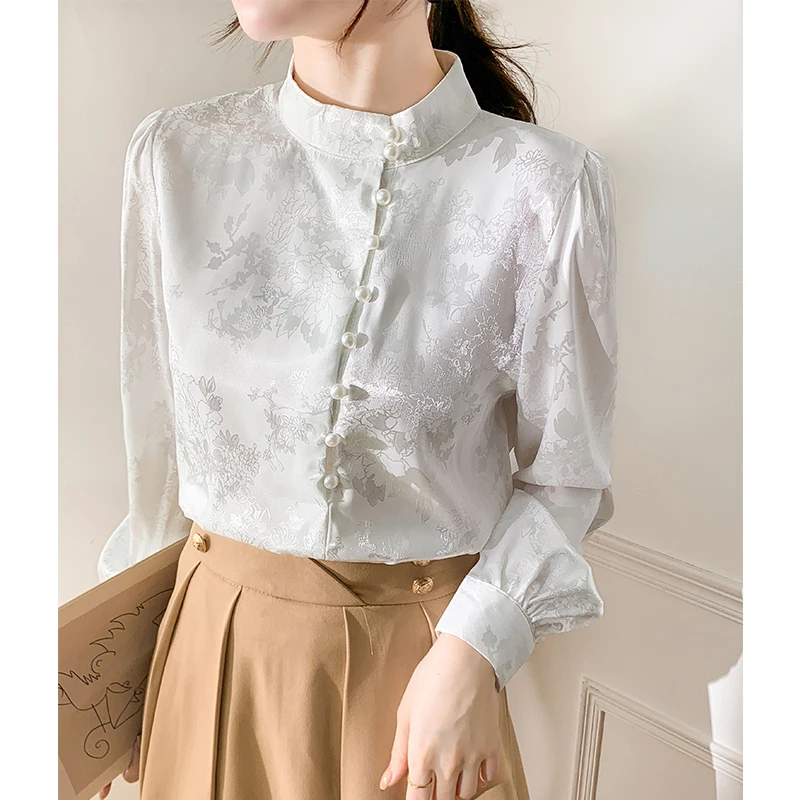 New 2024 Spring Women Shirts & Blouses Beading Long Sleeve Chiffon Blouse Women Chinese Style Elegant Woman White Top Mujer