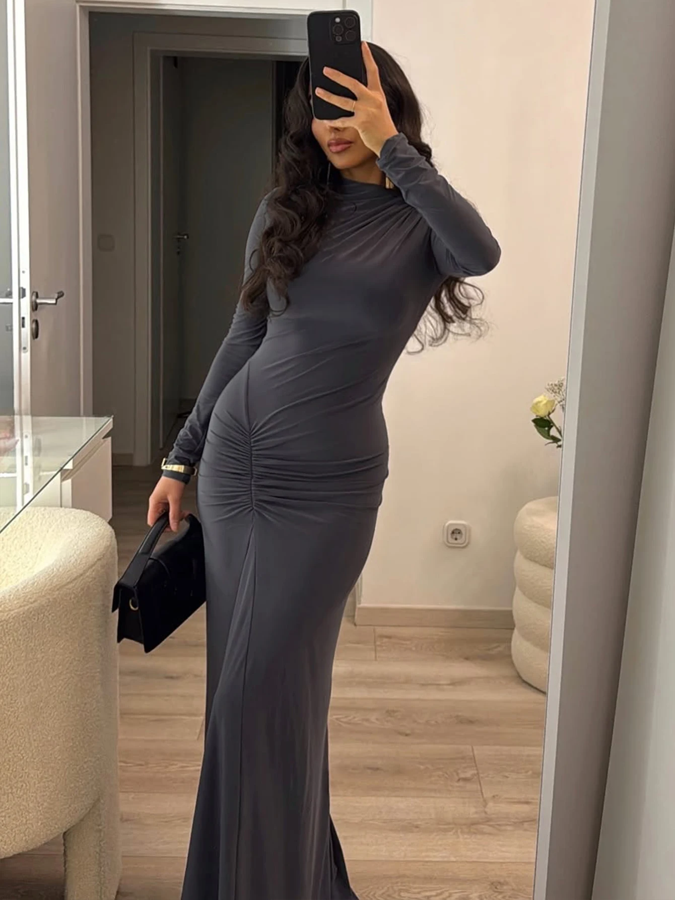 Hugcitar Women'S Elegant Turtleneck Solid Long Sleeve Draped Sexy Bodycon Maxi Dress Female Evening Party Vacation Outfit
