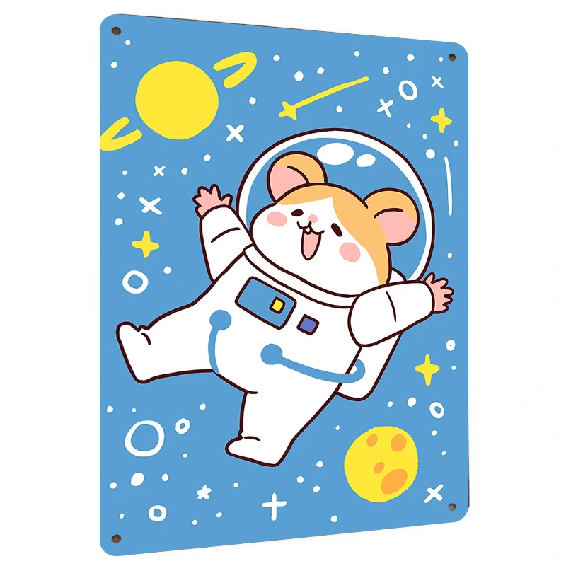 Cute Hamster Astronaut Space Adventure Metal Tin Sign Kids Room Bedroom Wall Decor Cartoon Animal Hanging Ornament
