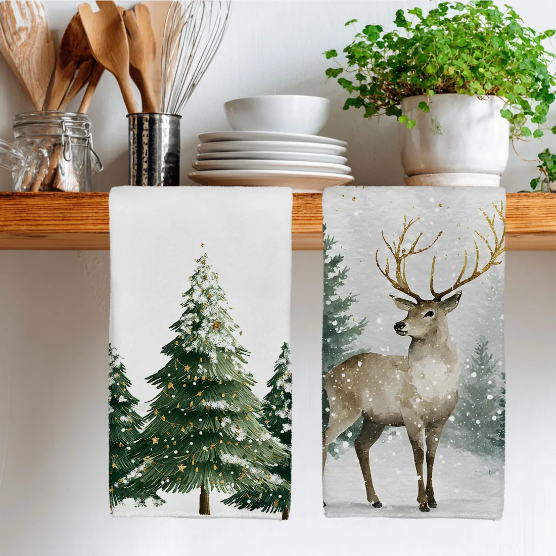 40x60cm Christmas Snow SceneTowel Kitchen Dishcloth Grid  Snowman Elk Christmas Tree Pattern Cloth Gift Merry Christmas Decor