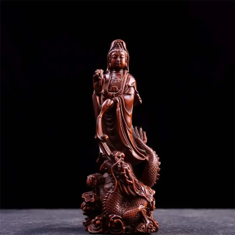 

Chinese Heritage Collection Solid Wood Carved Guan Yin Bodhisattva Coupled with Mythical Royal Dragon Authentic Buddha Sculpture