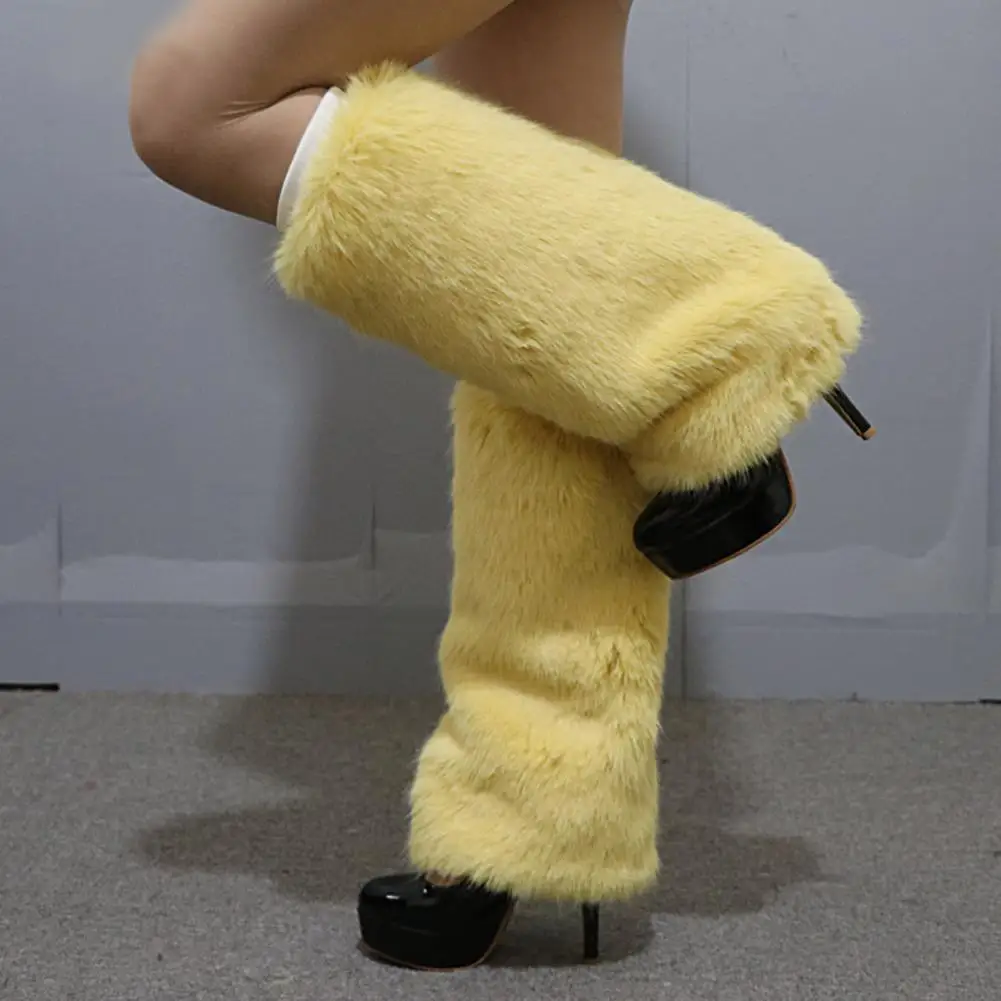 Japanese White Faux Fur Leg Warmers Winter Boot Covers Goth Leg Socks Punk Jk Knee length Hiphop Fashion Warm Stockings