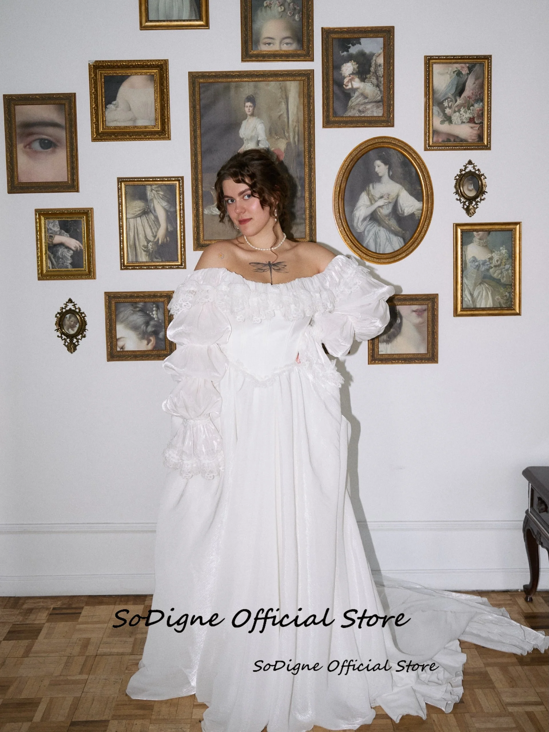 SoDigne A-line Shiny Satin Wedding Dresses Off Shoulder Long Sleeves Bridal Dress 2026 Bride Gown Vestidos De Novia Customized