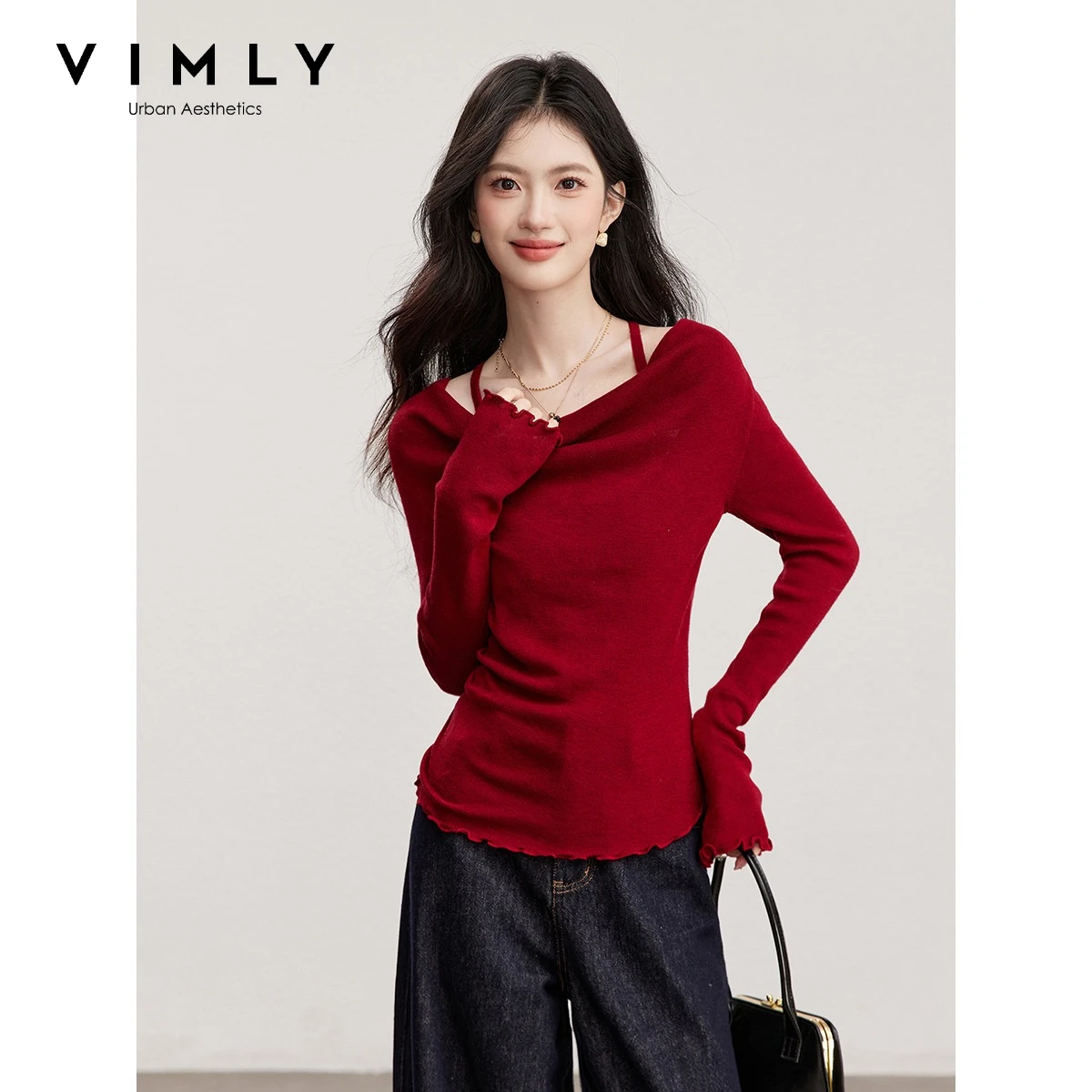 VIMLY Red Off-shoulder Knit Pullovers Women 2026 Fall Casual Fake Two-Piece Ruffle Flared Sleeve Draped Neck Pleated Tops 73959