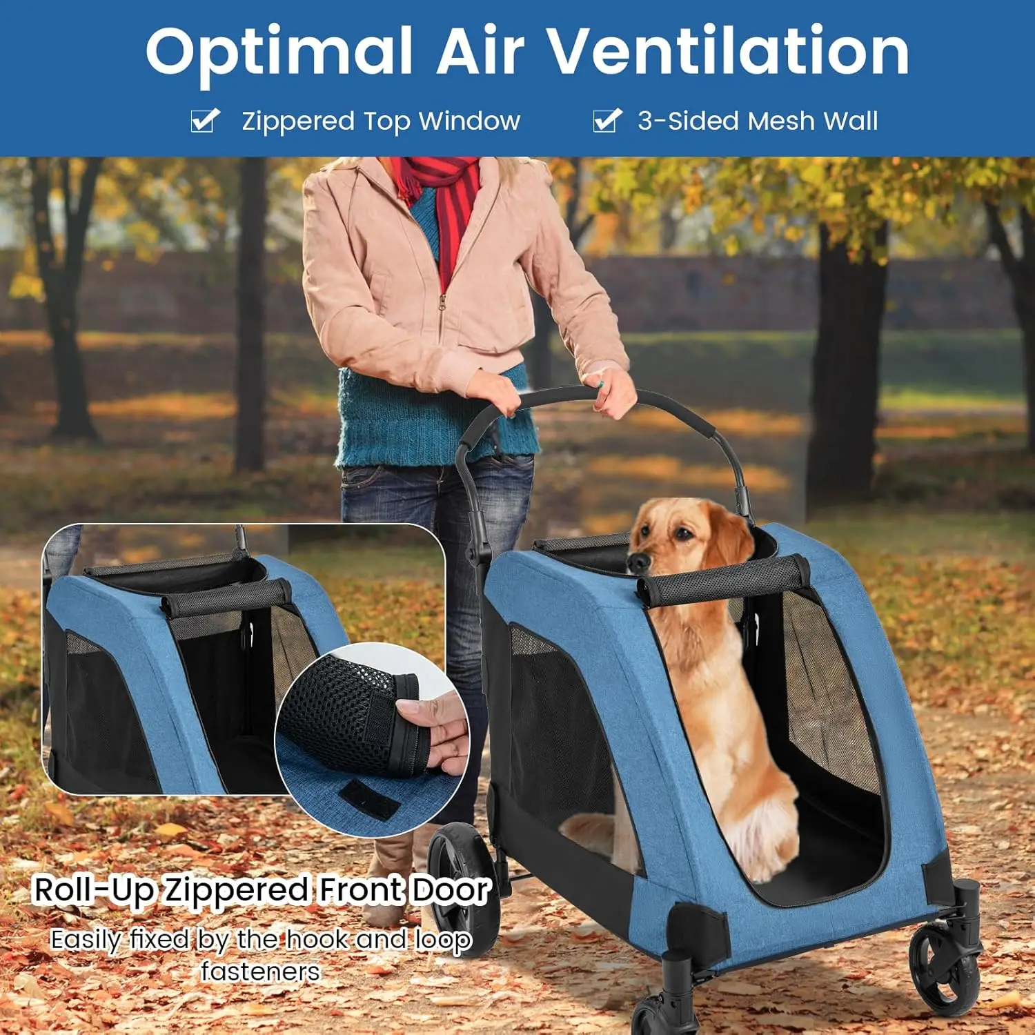 Dog Stroller for Large Dogs - Extra Large Pet Stroller for Senior Dogs, Safety Belt, Adjustable Handle, Removable Pad, Folding