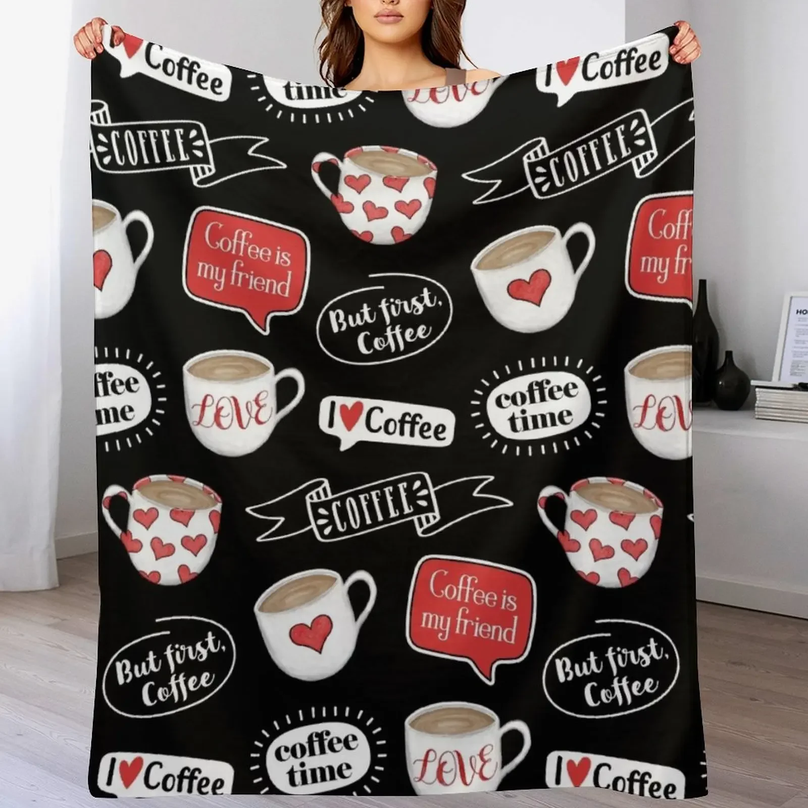 

Hand-Drawn Coffee Mugs - I Love Coffee - Muted Red, Black and White - 2nd Version Throw Blanket bed plaid sofa bed Blankets