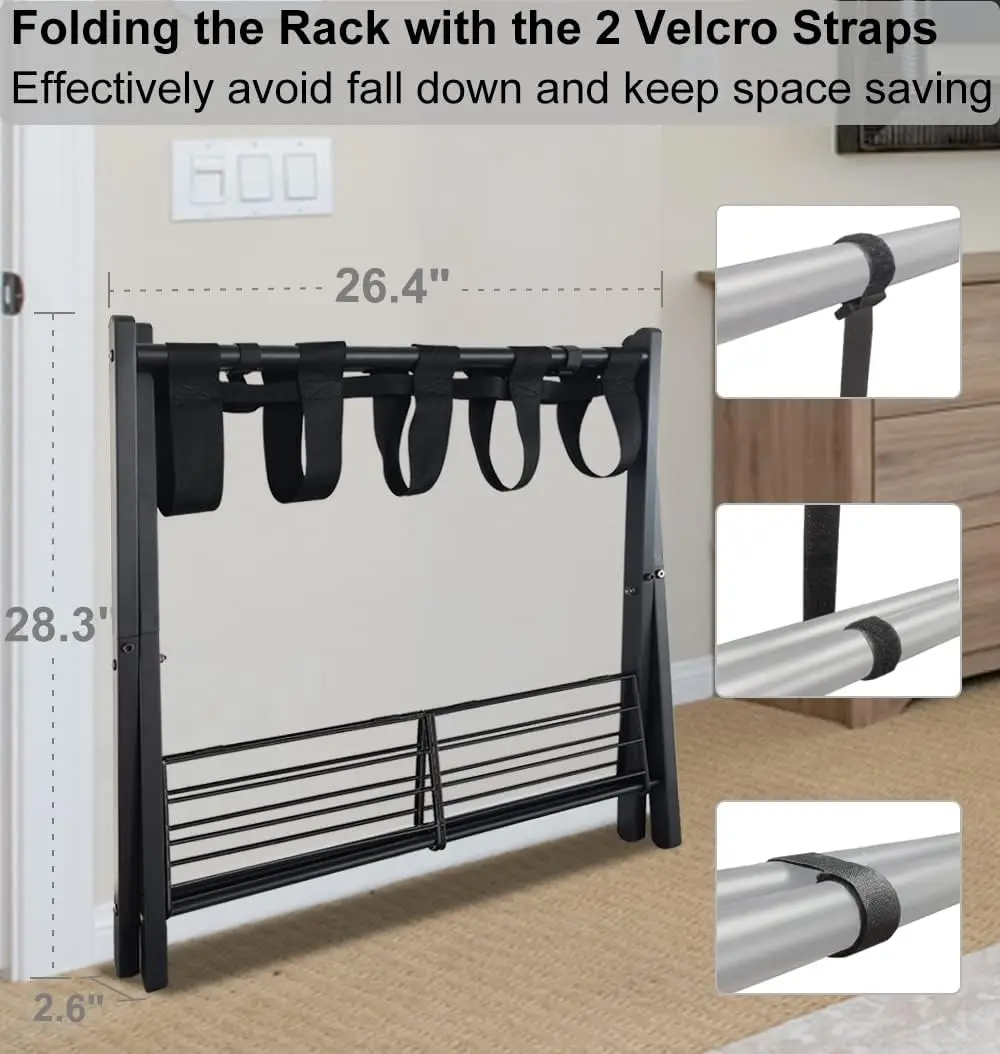 Rack de bagagem dobrável para quarto de hóspedes, suporte de mala dobrável de metal com prateleira de metal para quarto, preto, 1 pacote
