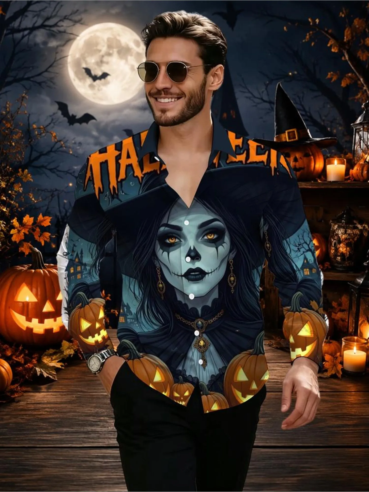 Men Long-Sleeve Button-Down Shirt Black Halloween Witch Face Print Polyester Lapel Collar Party Top